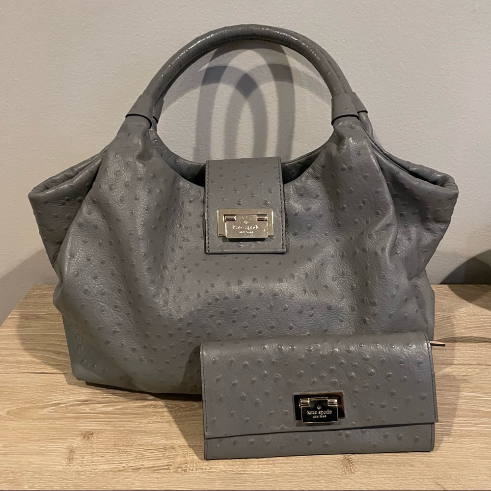 Kate Spade Ostrich Bag in Grey with Matching Wallet
